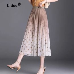 skirt Gradient Mesh Polka Dot Half Length Skirt Women Style with Two Sides Wearing High Waisted Slim Aline Pleated Large Swing Skirt