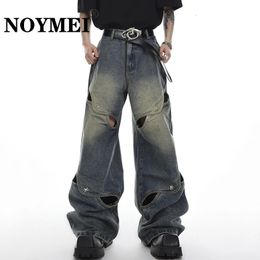 NOYMEI Male Y2k Jeans High Street Patchwork Loose Men Hollow Out Trendy Vintage Metal Button Straight Denim Pant Wide Leg WA1321 240309