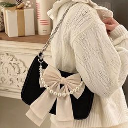 Vintage Bowknot Women Underarm Bags Faux Pearl Chain Ladies Shoulder Crossbody Bag Female Soft Nylon Purse Small Tote Handbags 240228