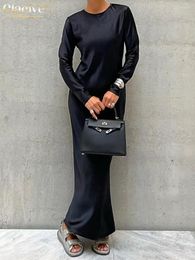 Casual Dresses Clacive Black Satin Women'S 2024 Elegant O-Neck Long Sleeve Ankle-Length Dress Fashion Simple Silky Female