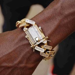 15mm width 5A iced out bling baguette cz cuban link chain bracelet for men Gold Colour hiphop Jewellery 210609207A