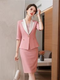 Womens blazer Skirt Two Piece Sets Pink Spring Autumn Office Ladies Elegant Formal Suits Jecket Back Split Midi Chic 240226