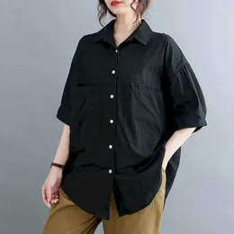 Women's Blouses Shirts For Women Vintage Half Sleeve Solid Cardigans Polo-neck Casual Single Breasted Korean Style One-piece Blouse Tops