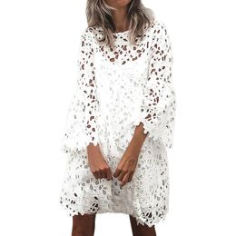 Embroidered Lace Hollow Out Dresses For Women 2023 Elegant O Neck Flare Sleeve Dress Vestidos Ladies Solid Loose 240308