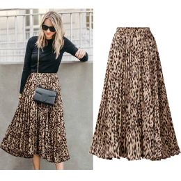 Dresses Plus Size Leopard Print Skirts Womens 2020 New Spring Autumn Elastic Waist A Line Pleated Midi Skirt Casual Streetwear
