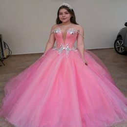 Pink 2021 Msquerade Ball Gown Quinceanera Dresses ss with Off the shoulder Tulle Prom sweet 16 Dress Birthday Party Attire2135