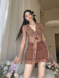 Blouse Long Flare Sleeve Blouses for Women Laceup Mesh Sexy Sweet Hot Girls Korean Fashion Style Allmatch Solid Design Elegant Casual