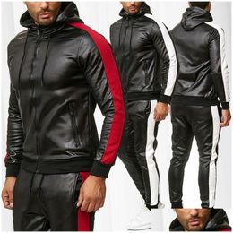Men'S Tracksuits Mens Tracksuits Pu Leather Hoodies Set 2 Piece Casual Sweatsuit Hooded Jacket And Pants Jogging Suit Tracksuitsmens Dh5Du