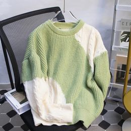 Men's Sweaters 2024 Autumn Winter Knitted Sweater Contrast Coloured Knitwear Warm Round Neck Pullover Vintage C35