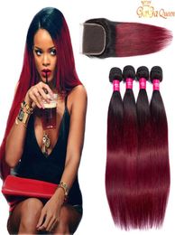 Two Tone Burgundy Human Hair Bundles Virgin Peruvian Malaysian Straight Ombre Weaves With Lace Closure 1B 99j Wine Red Colored Ext7746851