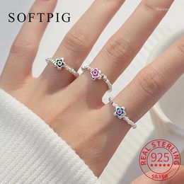 Cluster Rings SOFTPIG Real 925 Sterling Silver Enamel Flower Adjustable Ring For Women Classic Plant Fine Jewellery Minimalist Accessories