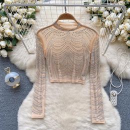 Women's T Shirts Long-sleeved T-shirt Autumn And Winter Diamond-encrusted Mesh Top