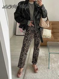 Calças de brim femininas leopardo impressão jeans moda feminina cintura alta casual calças soltas primavera 2024 jogo completo roupas de rua calças j240309