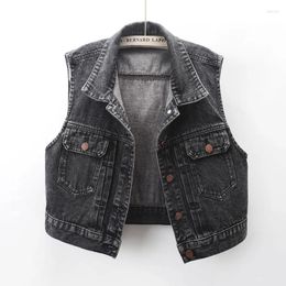 Women's Vests Summer Vintage Blue Black Big Pocket Denim Vest Women Slim Short Cowboy Waistcoat Jacket Korean Sleeveless Jeans Female