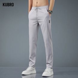 Ice Silk Mens Pants Summer Black Grey Thin Business Casual Outdoor Elastic Breathable Straight Leg Sweatpants 240309