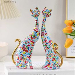 Decorative Objects Figurines Nordic Graffiti Art Oil Painting Cat Decoration Resin Abstract Ornaments Figurines Bedroom Desktop Porch Cat Sculpture T240309