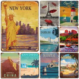 Metal Painting New York Paris Great Wall World Famous Building Metal Tin Signs Posters Plate Wall Decor for Bars Man Cave Cafe Clubs Home T240309