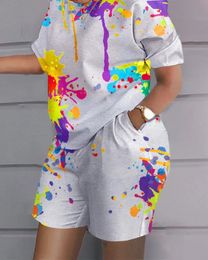 Plus Size Matching Set Graffiti Tie Dye Shirts Tops And Short Pants Female Fashion Tracksuits 2023 Summer Two Piece Sets 240307