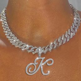 Chains A-Z Cursive Letter Pendant Iced Out Cuban Necklace For Women Initial Zircon Link Chain Choker Rock Hip Hop JewelryChains248D