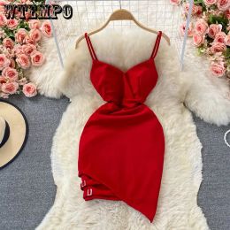 Dress WTEMPO Sexy Women Summer Dress Solid Irregular Hip Wrap Red Dress Backless Vneck High Waist Slim Sleeveless Party Dress