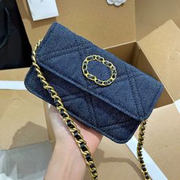 Clássico denim moedas bolsa feminina carteiras de lona vintage ouro prata dois tons metal corrente crossbody diamante acolchoado multi bolso car343z