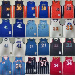 Retro Basketball Vintage Dirk Nowitzki Jersey 41 Hakeem Olajuwon 34 Patrick Ewing 33 Stephen Curry 30 Kevin Garnett 21 Black Navy Blue White Red Throwback