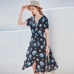 Casual Dresses V Neck Black Blue Chiffon Silk Floral Maxi Dress Women 2024 Summer Long Work Beach Office Sexy Party Luxury Plus Size