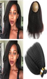 Coarse Yaki Mongolian Human Hair Weave Bundles 3Pcs with 360 Full Lace Closure 225x4x2 Kinky Straight Hair Wefts with 360 Lace Fr99508815