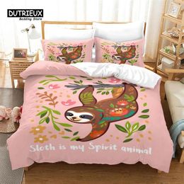 Bedding Sets Cute Cartoon Sloth Duvet Cover Floral Leaves Print Set For Kids Teens Bedroom Decor Flowers Comforter Pillowcases