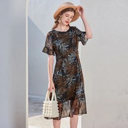 Casual Dresses Leaves Print Black Silk Floral Maxi Dress Women 2024 Summer Long Work Boho Beach Office Sexy Party Luxury Plus Size