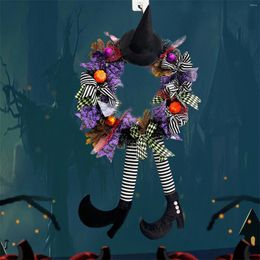 Decorative Flowers Halloween Wreath With Witch Leg Stripe Print Pumpkin Two Long Legs Festival Garland Wreaths For Doors Window Decora