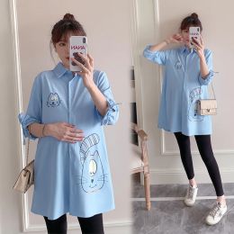 Shirts 2070# 2021 Spring Chic Cotton Maternity Blouses Long Sleeve A Line Loose Shirt Clothes for Pregnant Women Cute Pregnancy Tops