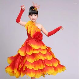 Stage Wear Girls Spanish Bullfight Flamenco Dance Dresses For Kids Long Robe Peony Dress Performance Costumes