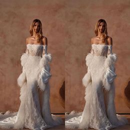 Designer di matrimoni sirena abiti da sposa da sposa a maniche lunghe spalla