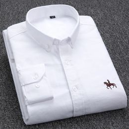 100% Cotton Oxford Shirt Mens Long Sleeve Embroidered Horse Casual Without Pocket Solid Yellow Dress Shirt Men Plus Size S-6XL 240306