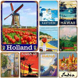 Metal Painting Vintage landscape Hawaii Holland Santorini Venizia Rome Metal Tin Signs Posters Plate Wall Decor for Bars Man Cave Cafe Clubs T240309