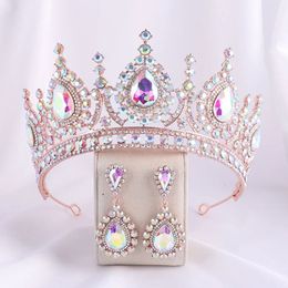 Baroque Rose Gold AB Colour Rhinestone Crystal Queen Crown With Earrings Wedding Tiaras Women Beauty Pageant Diadem Hair Jewellery 240305