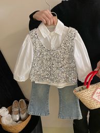 INS Girls lapel long sleeve shirt fashion kids sequins princess waistcoat 2024 spring children denim flare pants Z7061