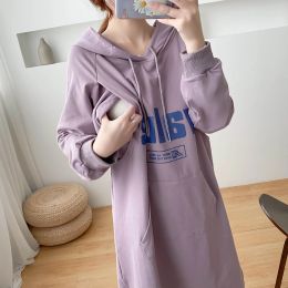 Dresses Lavender Hooded Long Sleeve Terry Sweater Dress kangaroo Autumn Winter Clothes For Nursing Mothers Maternity Clothes 9097