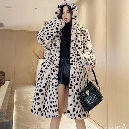 Fur 2021 Winter Fashion New MidLong Hooded Long Sleeve Warm Imitation Rabbit Fur Leopard Print Jacket Women Trendy H348