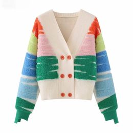 Rainbow Striped Knit Sweater Cardigan Women Double-breasted V-neck Jacket Coat Autumn Winter Loose Stylish Top DF4946 240228