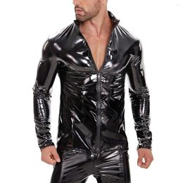 Bras Sets Mens Plus Size Glossy Leather Shirts Long Sleeve Full Zipper Wetlook Windbreaker Jacket Male Stand Collar Casual Coats