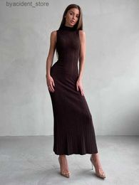 Urban Sexy Dresses Knitted High Necked Sleeveless Bodycon Maxi Dresses for Woman Sexy Elegant One Step Long Dress Office New for Spring Summer 2024 L240309