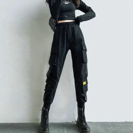 Capris Women's Cargo Pants Black Ribbon Pocket Jogger Elastic Waist High Streetwear Haruku Pant Punk Females Trousers Harem Pants