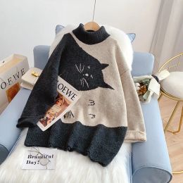 Sweaters Women's Oversize Sweater Knitted Autumn Winter Turtle Neck Cute Cat Print Knit Pullover Warm Sweaters for Women J278