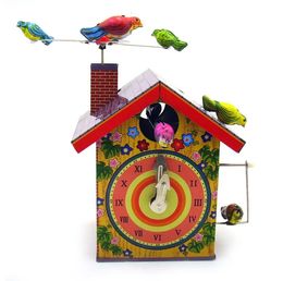 Adult Collection Retro Wind up toy Metal Tin rotating bird alarm clock bird house Clockwork toy model figures gift vintage toys 240307