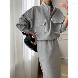 Work Dresses 80% Cotton 2024 Spring Small Lapel Suit Women's Casual Lazy Trend Ins Loose Half Zipper Sweater Dress Ladies Two-piece