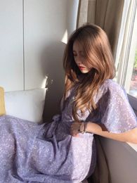 Summer Women Dress Floral Print Long Chiffon Evening Female Vintage Maxi Party Beach Woman Dresses Casual Prom Purple 240226