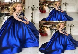 Cheap Royal Blue Flower Girls Dresses Satin Long Sleeves Crystal Beads Girl Pageant Dresses Teens Kid Wear Birthday Party Communio5935823