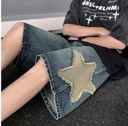 Five Pointed Star Patch Denim Shorts Men Summer American Hip-hop Street Trend Loose Shorts Vintage Washed Casual Pants 240306